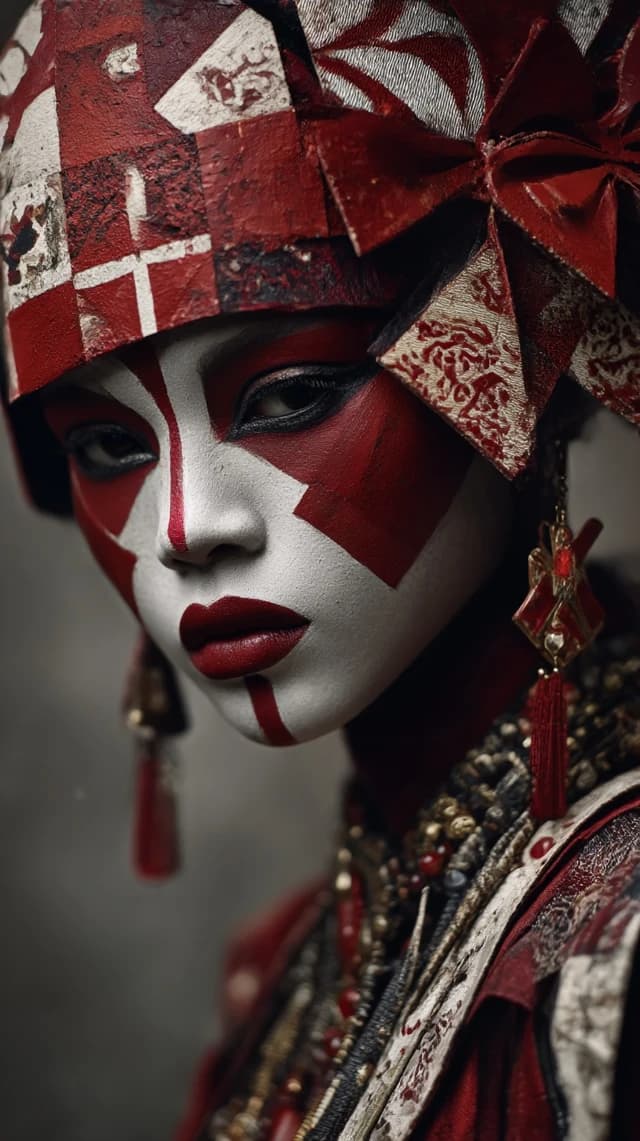 AI generated: A close-up portrait of a young warrior woman with striking red and white face paint in a geometric p...