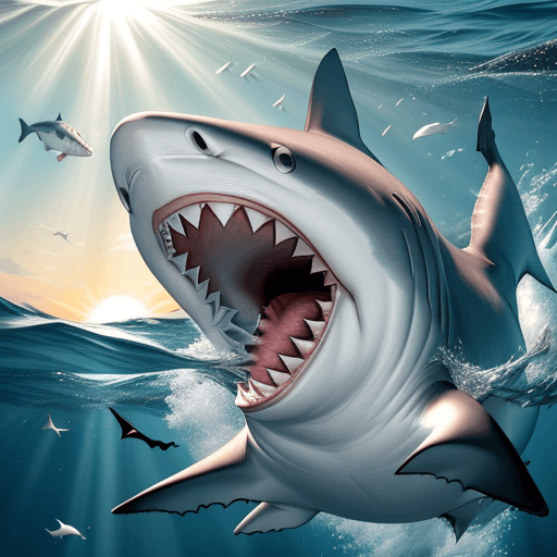 AI generated: A white-tipped shark with an open mouth as if trying to attack something or eat something, underwate...