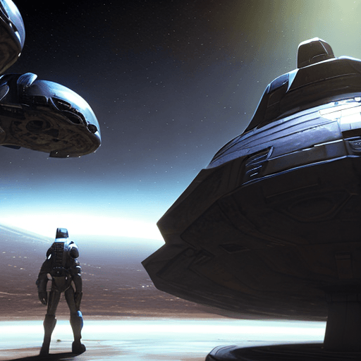 AI generated: protagonist spaceship, preparing for battle on New Earth, against the fallen ones, and their alien a...