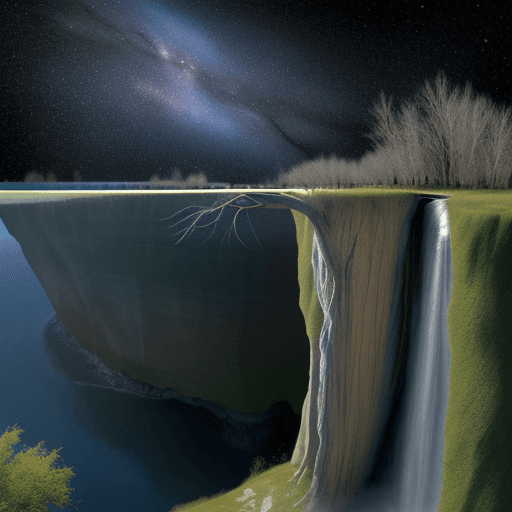 AI generated: Weeping willow tree bending at the edge of a cliff, deep roots going out of earth with a galaxy sky 