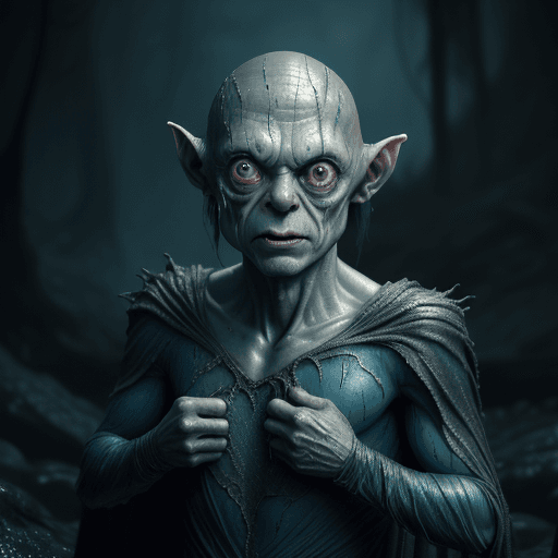 AI generated: glamour shot of Gollum, real superman costume ,Lord of rings, John Tolkien, morbide, dark, very deta...