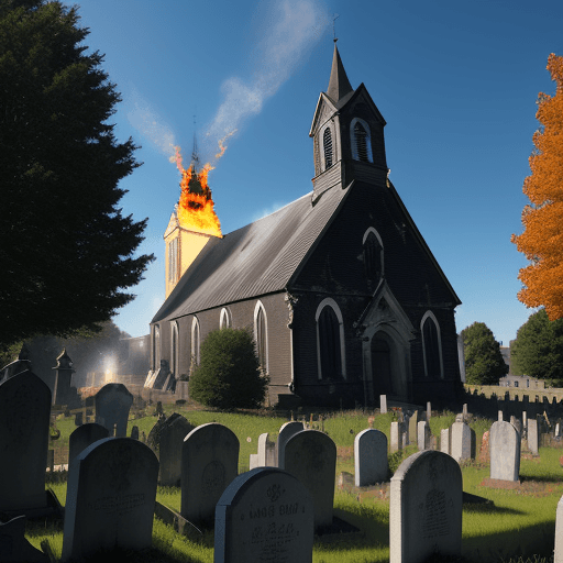 AI generated: A burning church, seen from the graveyard on a sunny day. --ar 31:23 --v 5.2 --style raw