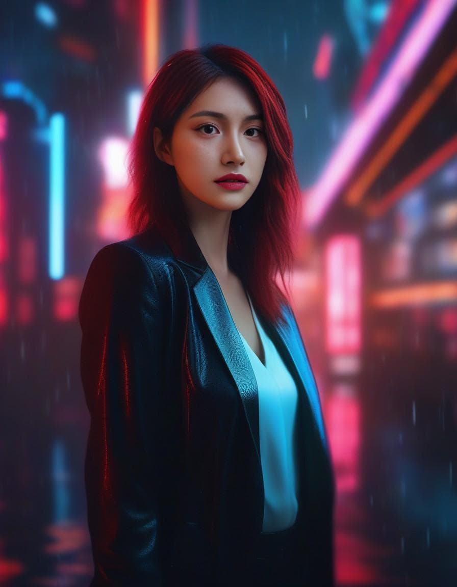 AI generated: cyberpunk woman with red hair looking up, raining, wearing a black suit, neon lights, vivid lights, ...