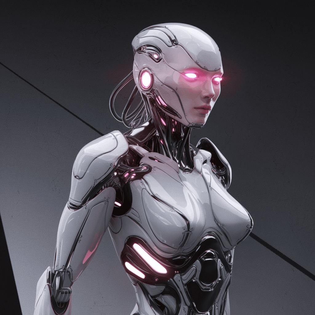 AI generated: "Futuristic female humanoid robot with sleek, armored white and silver exoskeleton accented by glowi...