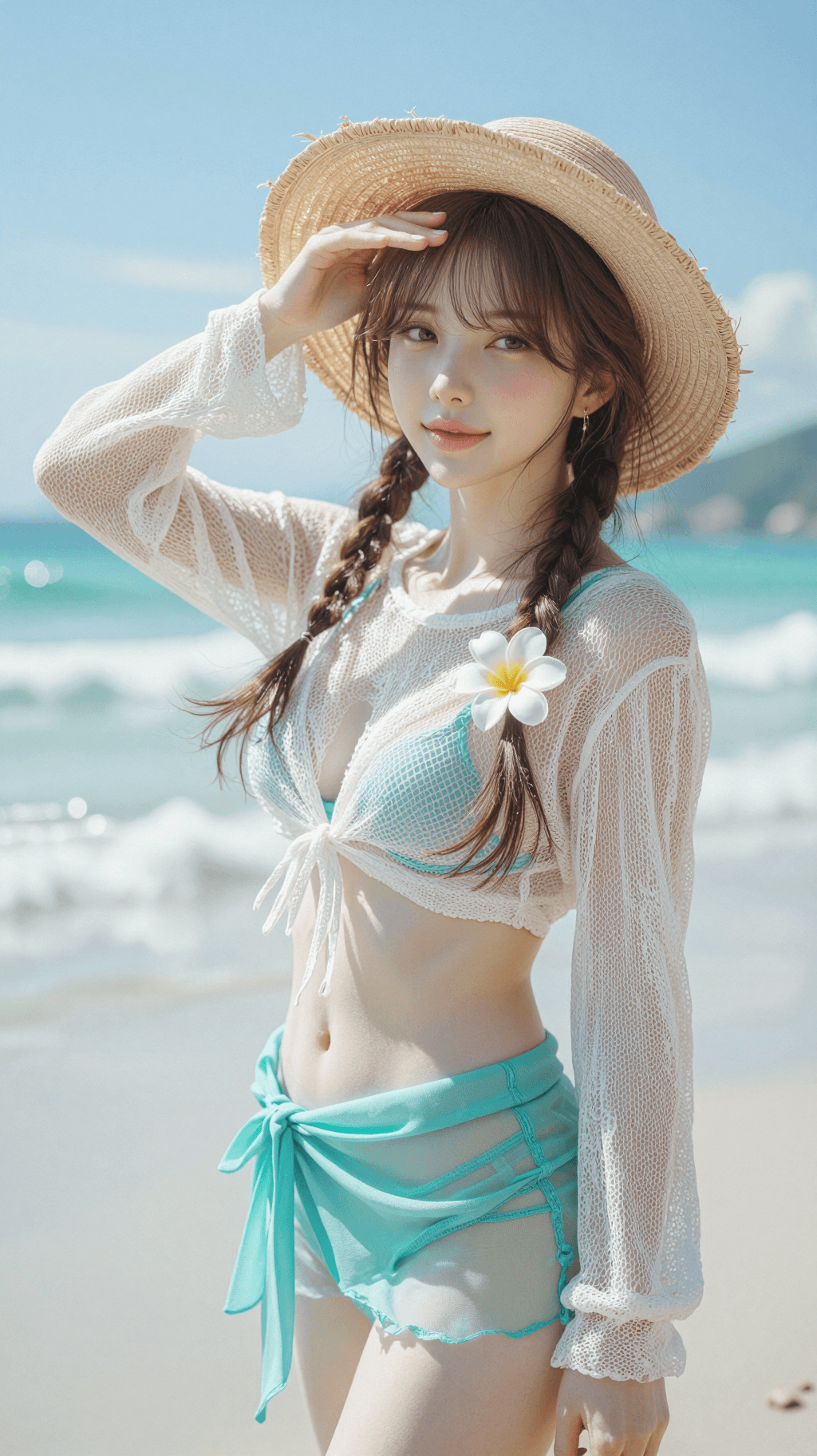 AI generated: This is a refreshing and summery, medium-full shot of a beautiful young woman posing on a bright, su...