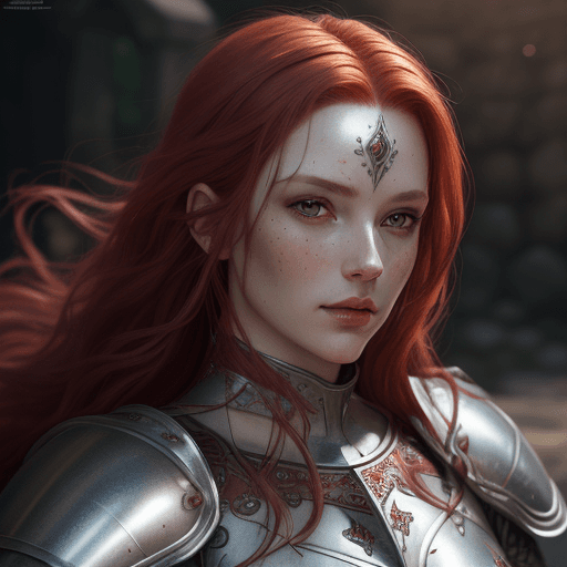 AI generated: portrait of a female in silver medieval armor, fine realistic crimson red hair, attractive, looking ...