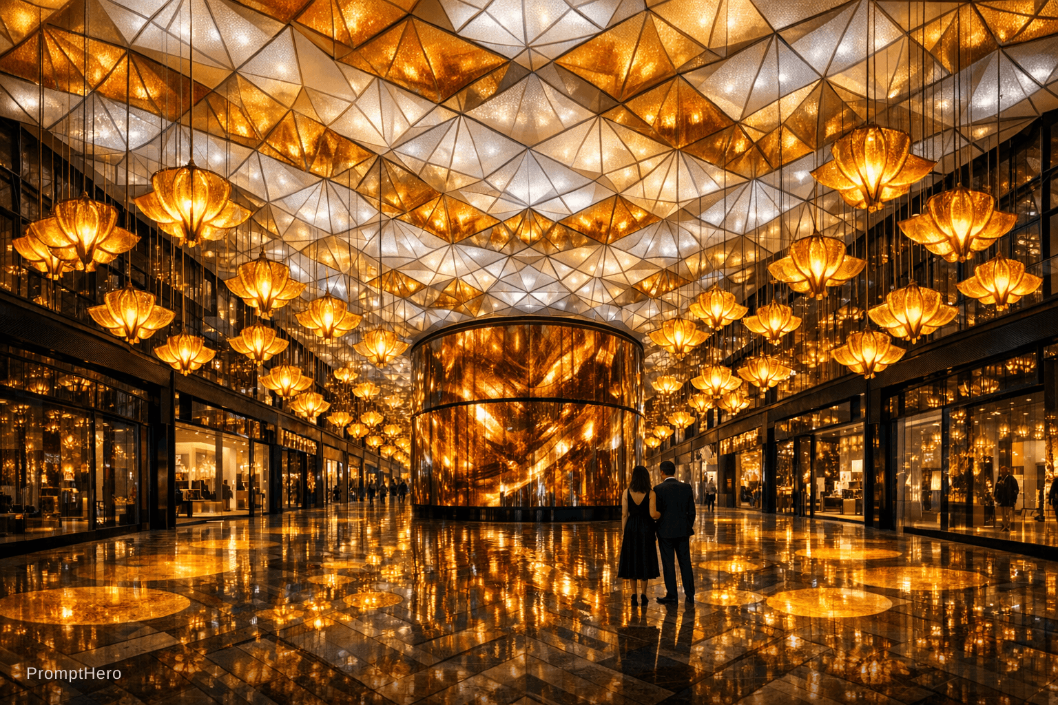 AI generated: A wide interior shot looking down the full length of the Victoria Gate shopping mall at night, the d...