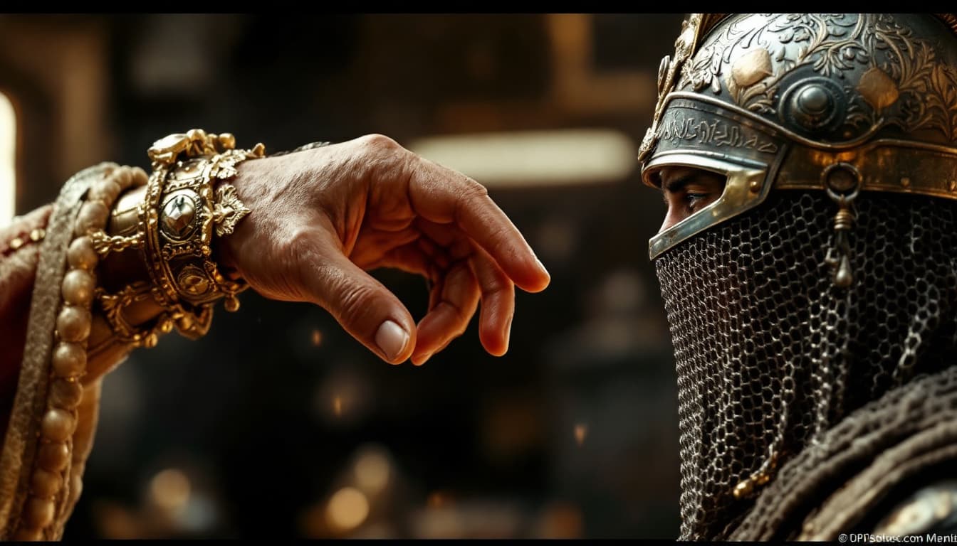 AI generated: Ultra-realistic .Close-up of Yutab’s hand passing the torch to a young warrior. [Yutab: strong Achae...
