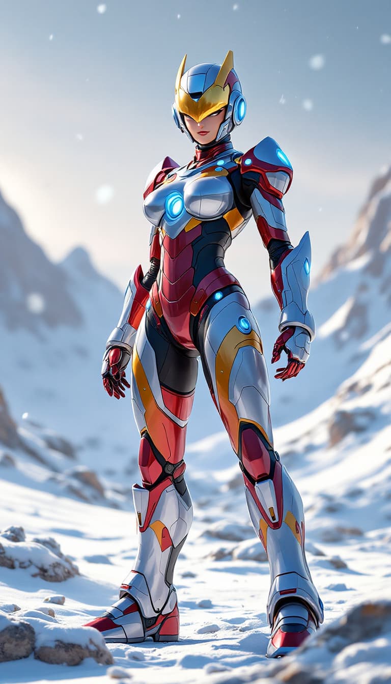AI generated: Female Megaman X in Iron Man's suit, curvaceous figure, 38D bra size, anime-inspired, full-body pose...