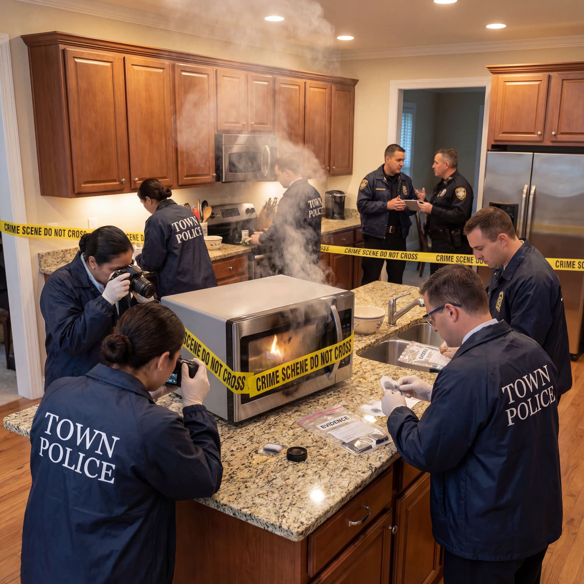 AI generated: A nice looking microwave burning placed on a a countertop in the kitchen. Covered yellow tape like m...