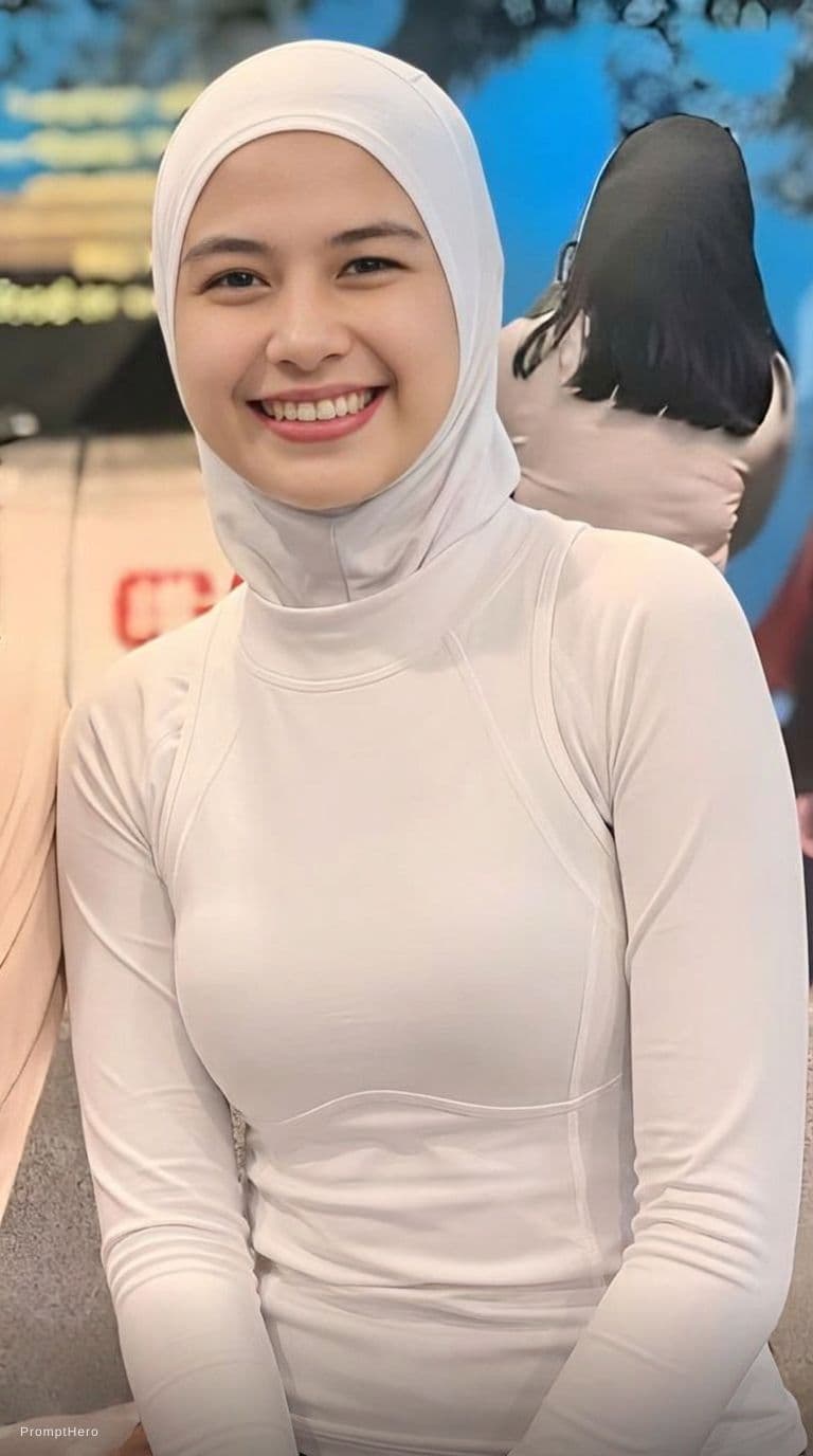 AI generated: change her clothes to sport bra and white sport hijab