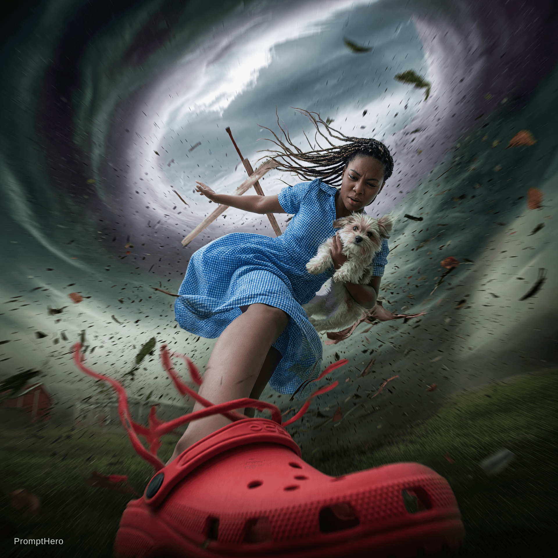 AI generated: {
  "scene": {
    "setting": "inside a swirling tornado",
    "mood": "dramatic and surreal",
    "...