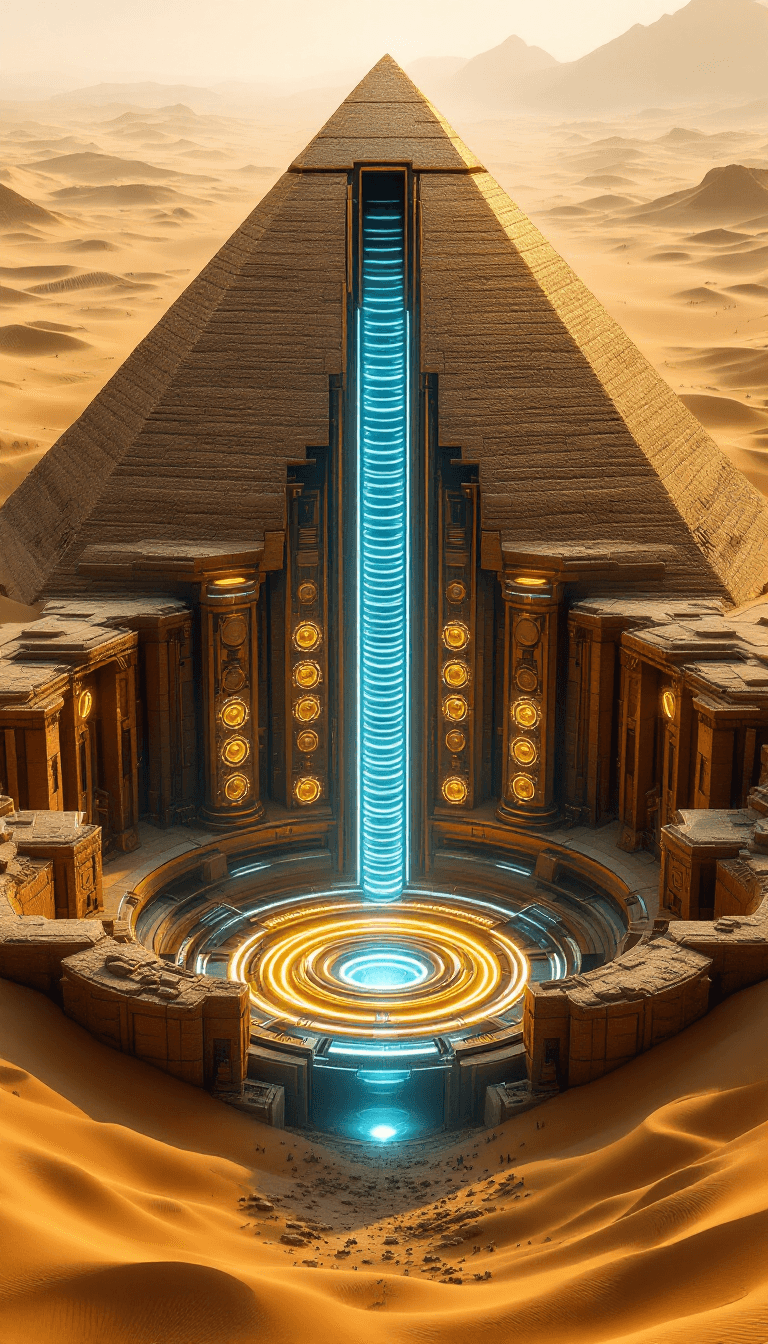 AI generated: A massive ancient pyramid in the middle of a desert, revealing a hidden futuristic underground chamb...