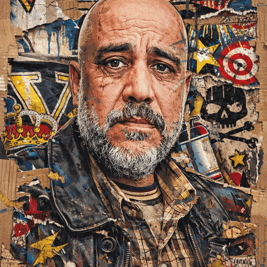 AI generated: in the style of multi-layered collages,edgy street art,celebrity-portraits,cardboard,fragmented icon...