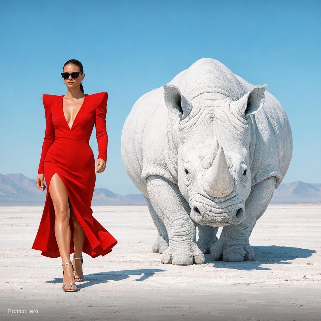 AI generated: {
  "scene": {
    "type": "editorial fashion surrealism",
    "location": "barren white desert w...