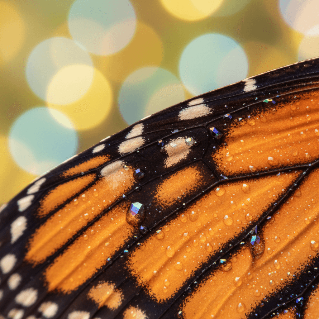 AI generated: "Macro close-up of a monarch butterfly wing — glowing orange scales with iridescent details, soft bo...