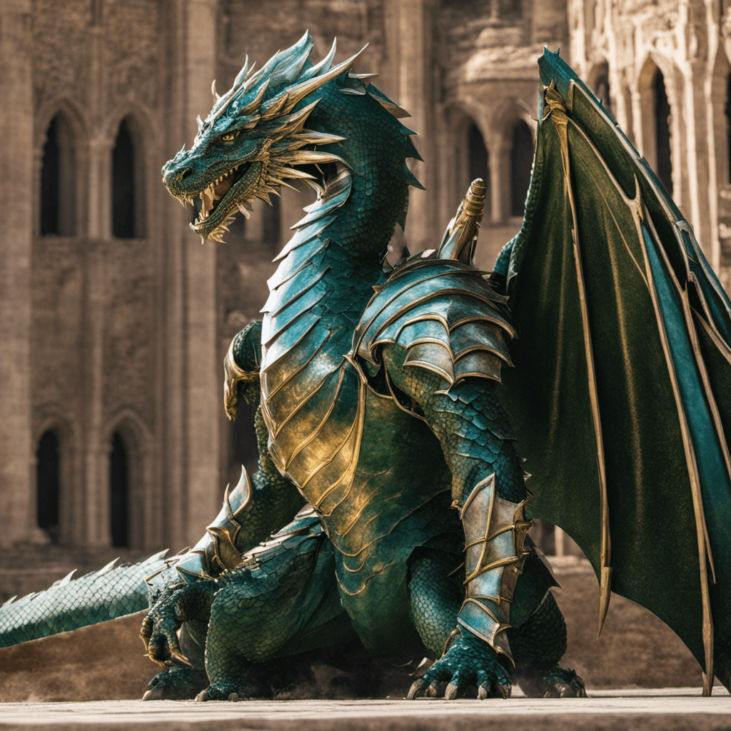AI generated: a dragon stands tall and majestic, its formidable presence enhanced by the magnificent suit of armor...