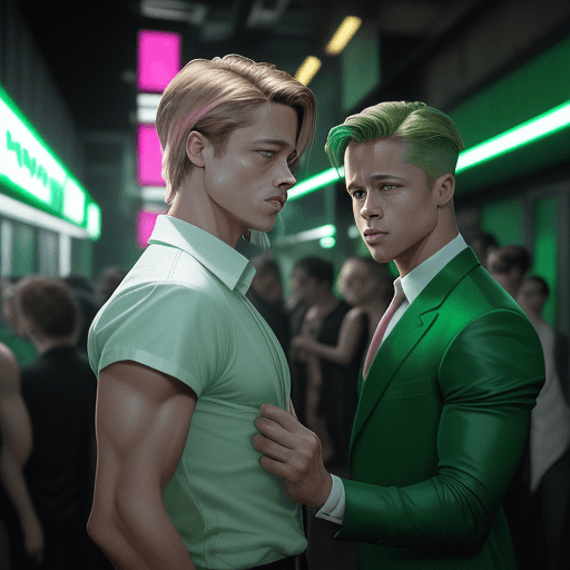 AI generated: Martin Ansin style, light green and light emerald green, young Brad Pitt in the background, with the...