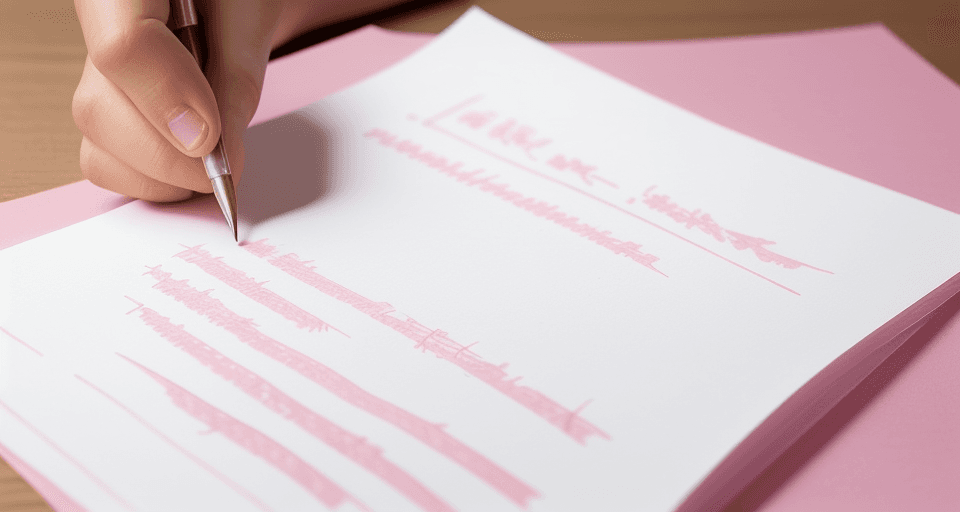 AI generated: Close-up of the hand writing/
a pink paper with a resume written on it
crumpled paper on the desk/
R...