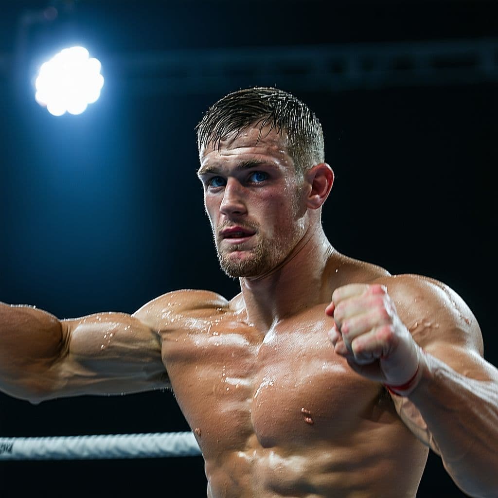 AI generated: photograph,a muscular boxer in the ring flexes his chiseled biceps, sweat glistening under the brigh...