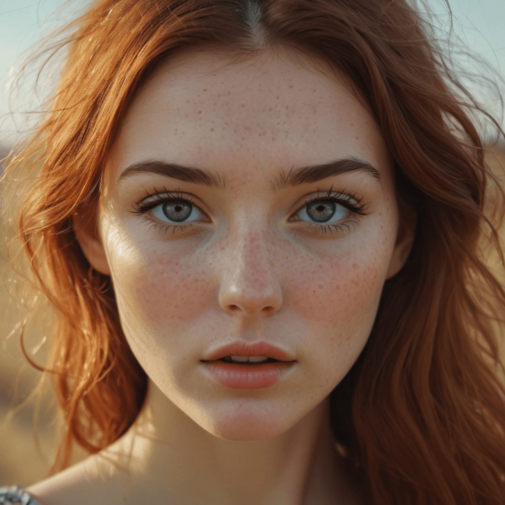 AI generated: a woman with freckled skin is photographing her face, in the style of dmitry kustanovich, delicate m...