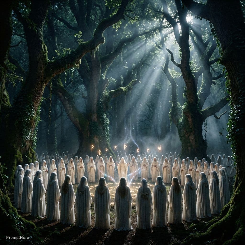AI generated: Cinematic shot of a group of druids in white robes standing in a circle inside a dark, ancient oak g...