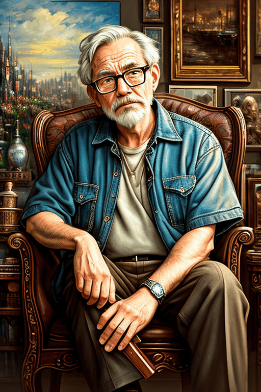AI generated: oldman sitting on a chair, complex stuff around, strong emotional impact, intricate in the backgroun...