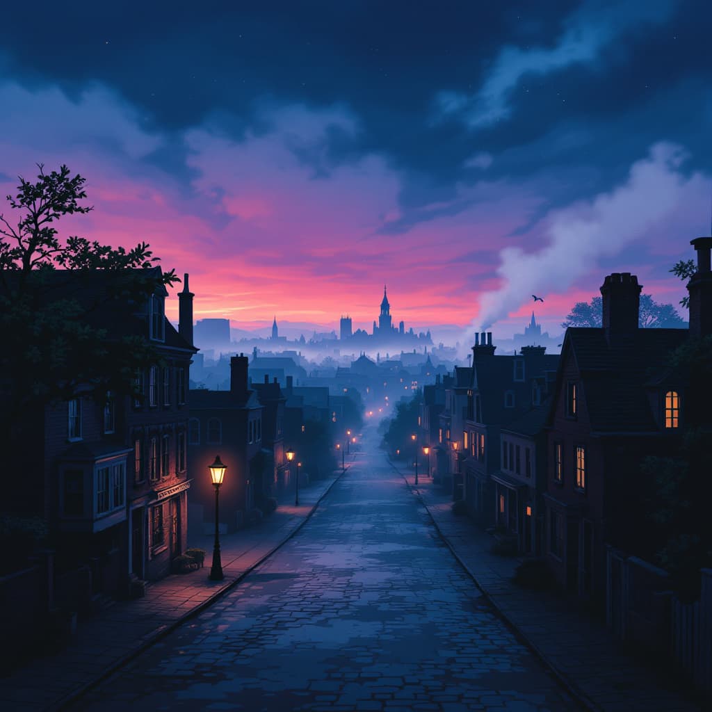 AI generated: Create an atmospheric and engaging full-width establishing shot of the town of Salem at twilight for...