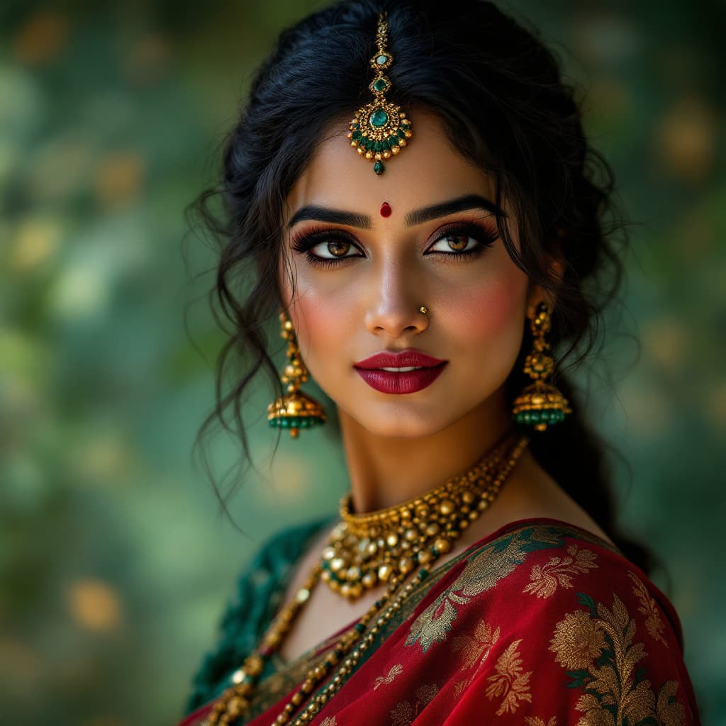 AI generated: a beautiful Tamil women in saree,women similar to actress meena, in the style of light red and light...