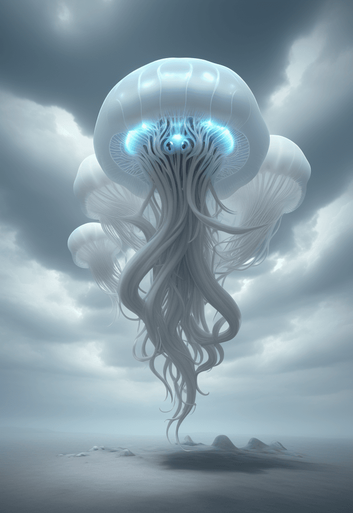 AI generated: White jellyfish in an open landscape with a cloudy sky, futuristic environment, physics-based render...