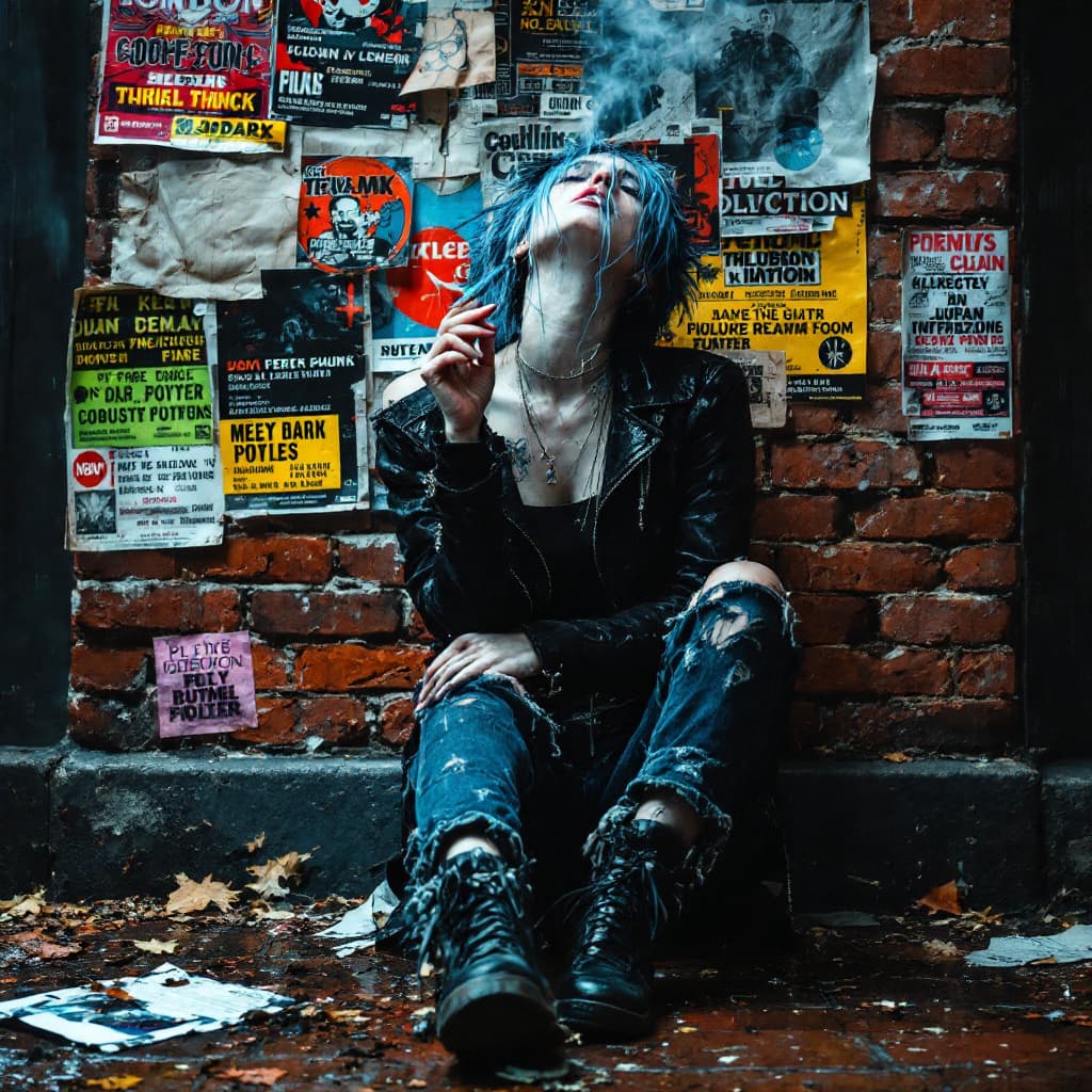 AI generated: london punk female , sitting on ground with back against wall, smoking a cigarette, the wall is old ...