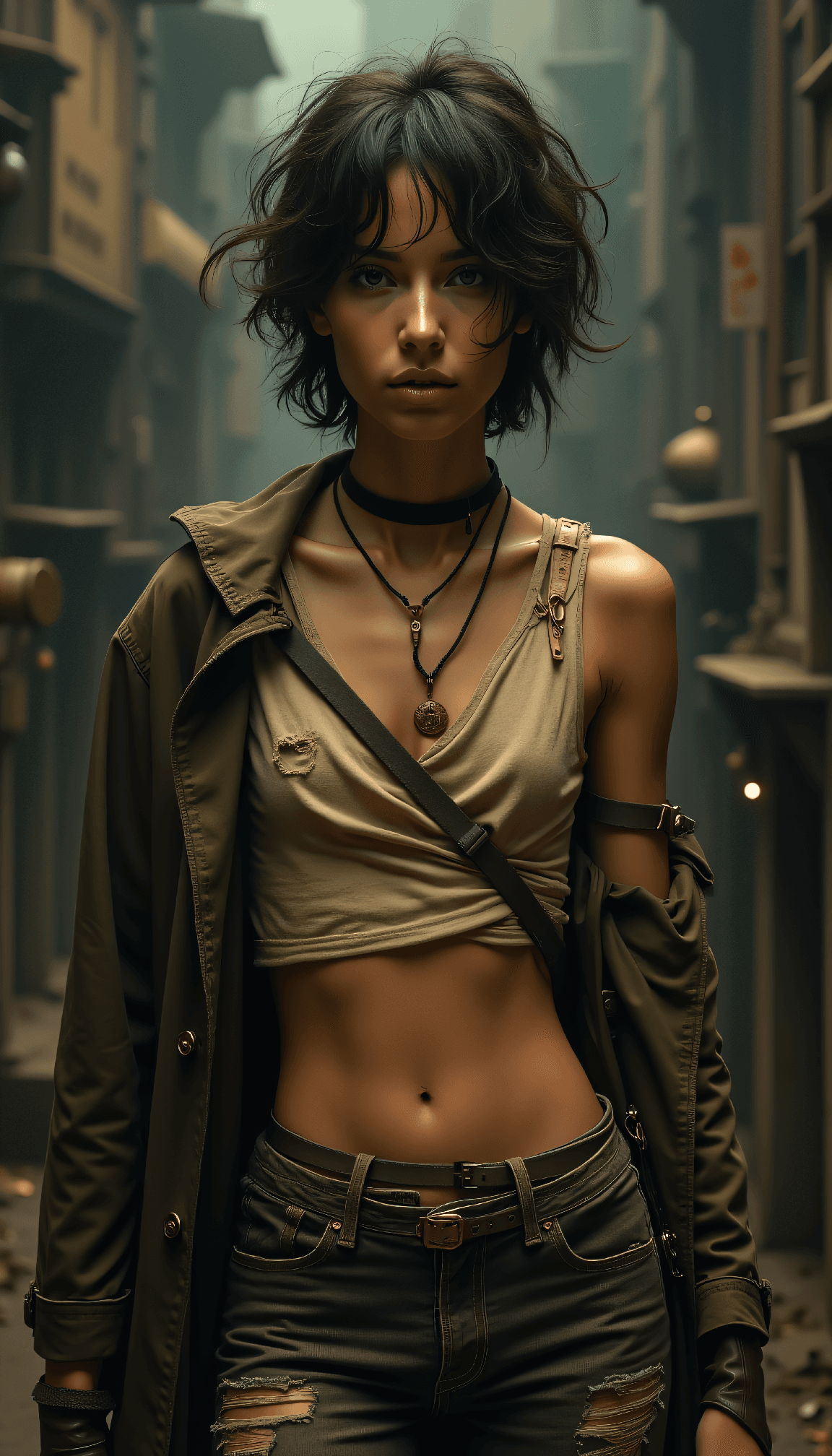 AI generated: dystopian style Mid-twenties woman with disheveled short natural hair wearing Wrap-around crop top w...