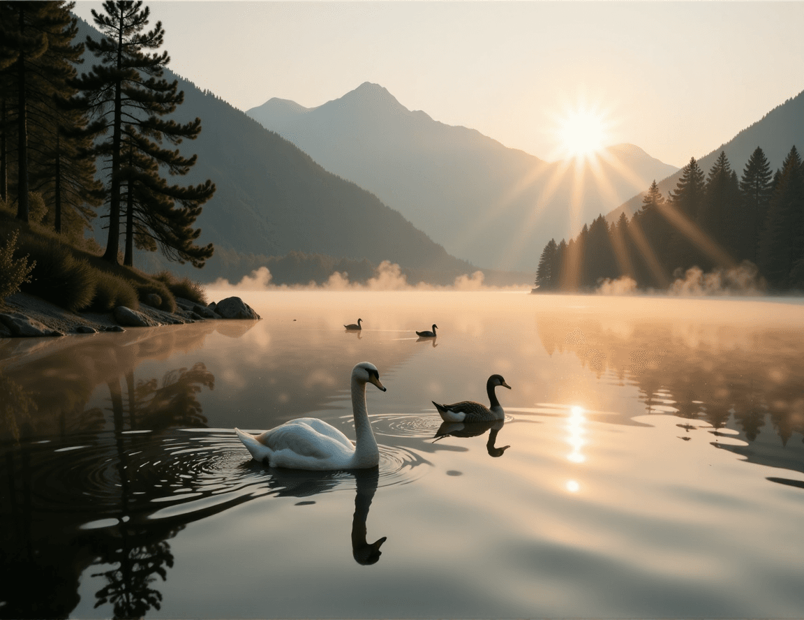 AI generated: ducks and swans in a lake, mist, golden hour light falling on trees, morning, mist on the river, gol...