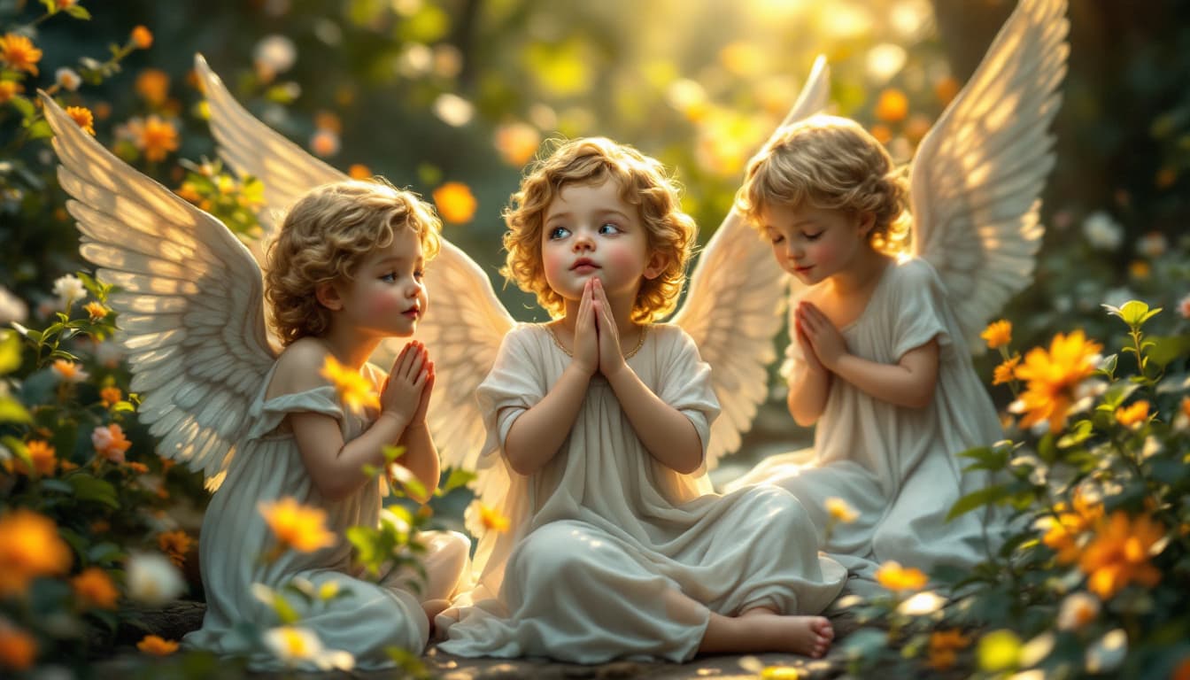 AI generated: in royal garden little angels from greek mythology  in zen serenity 
,serenity,surrounded by divine ...
