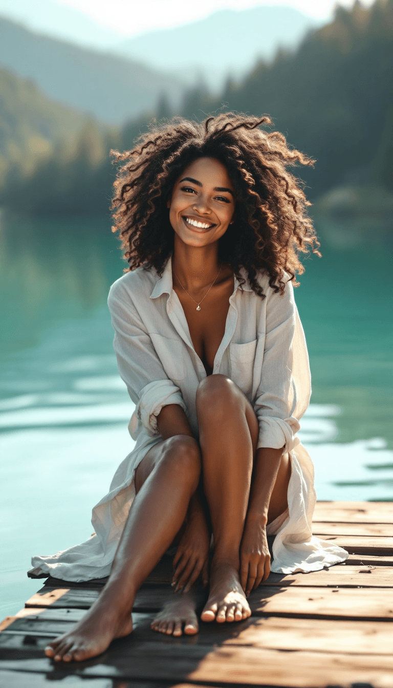 AI generated: Black 35 years old woman in a casual dress with rolled sleeves, sitting on the edge of a wooden pier...