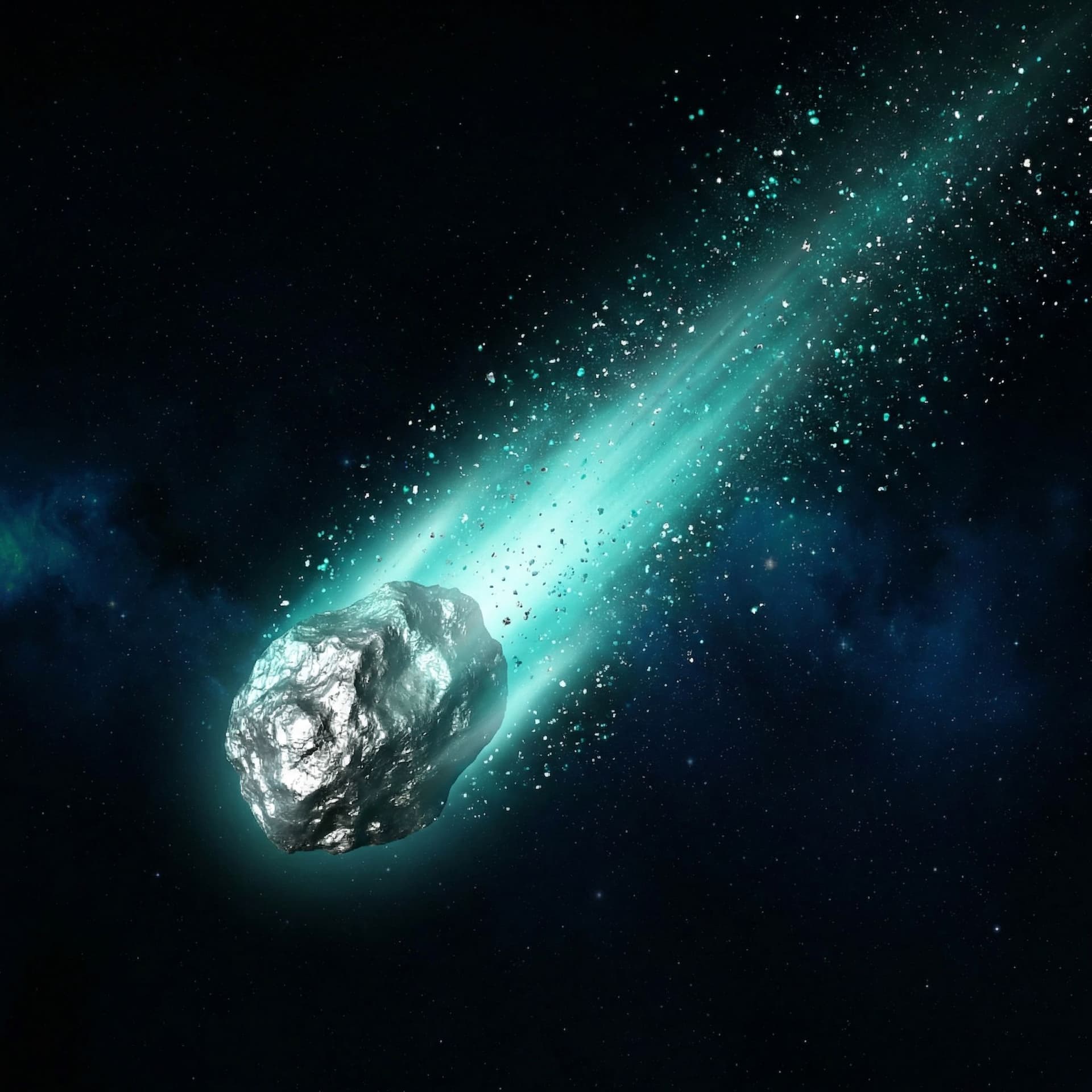 AI generated: a comet made up of Platinum with a long Teal tail with teal and silver sparkles sprinkling off of it...