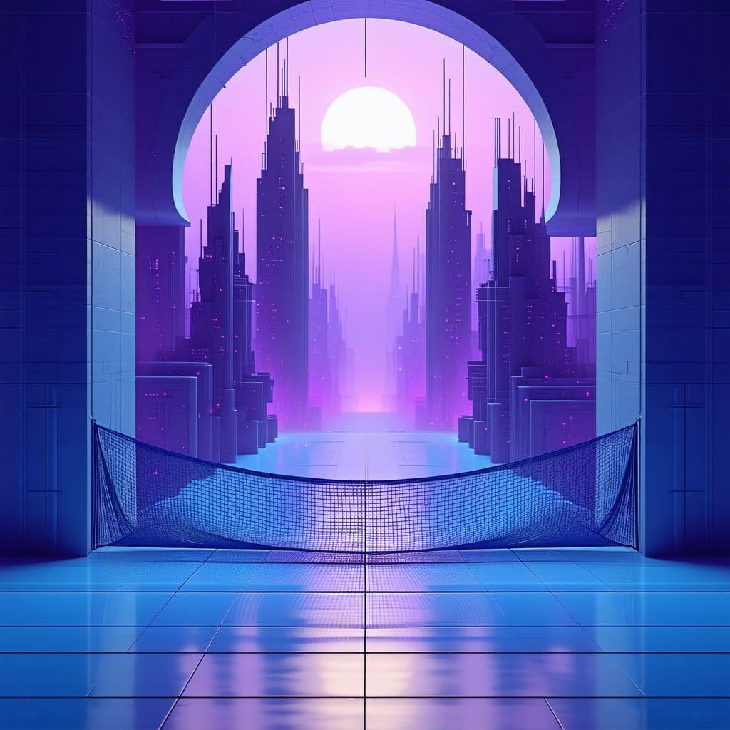 AI generated: Create a vintage-style futuristic Start Net in a sophisticated city, centered, purple and blue color...