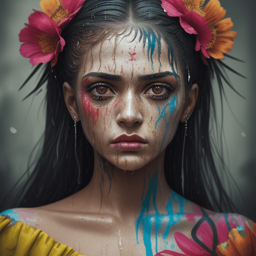 AI generated: wet paint, portrait of brazilian wome, Colored Dress, with a depressed look, In a flowered , with ba...
