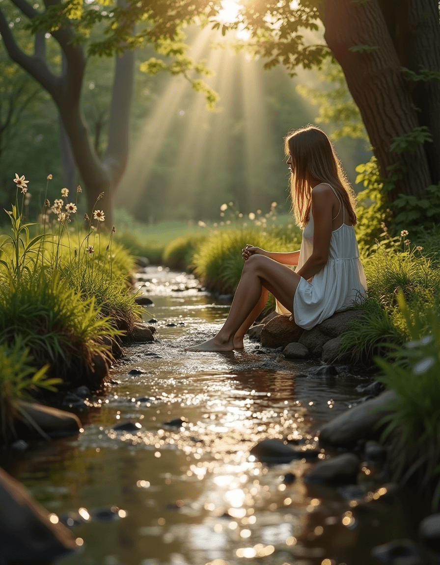 AI generated: photograph of a stream flowing through a wooded yard, closeup of a woman sitting on the bank of the ...