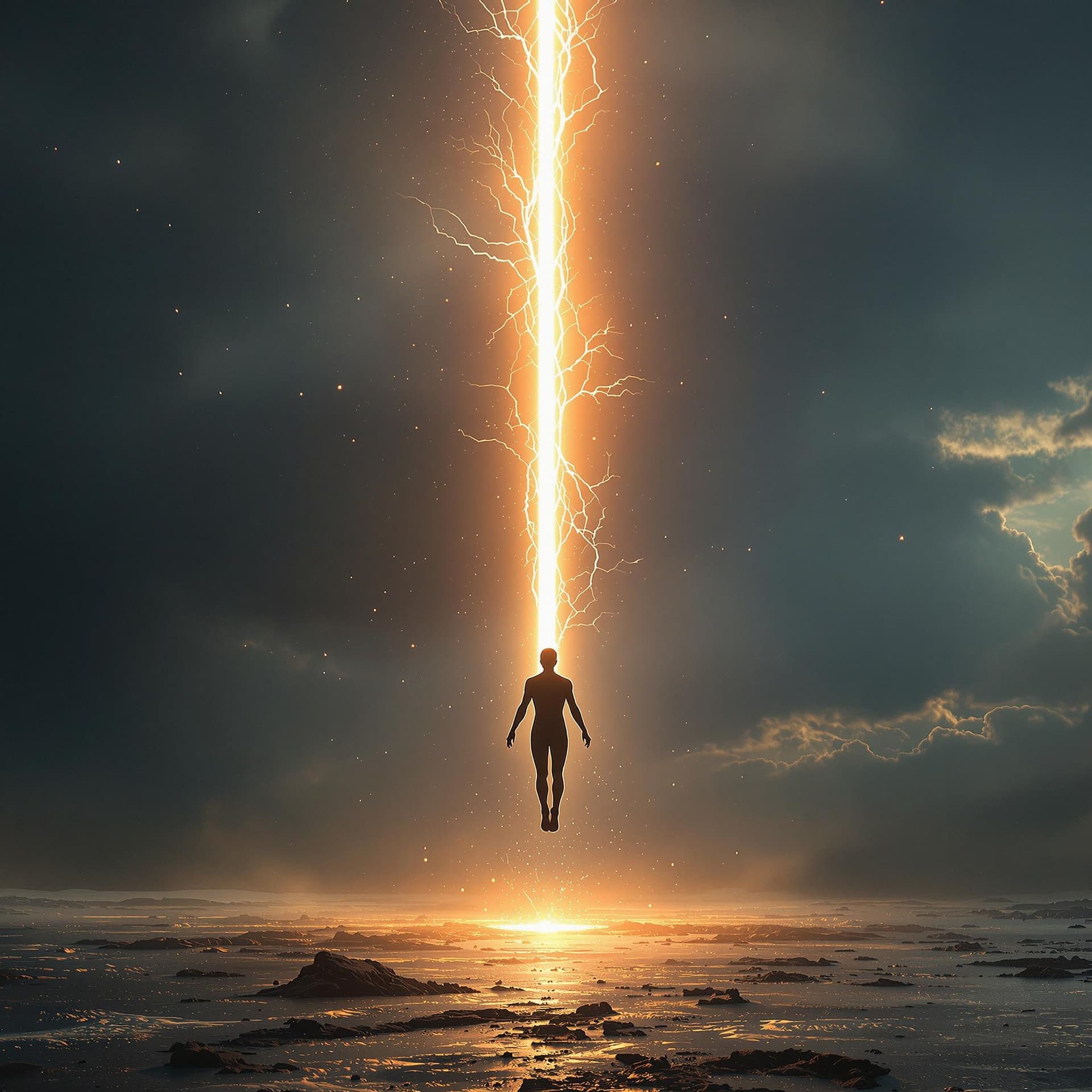 AI generated: a floating person is perforated vertically by an energy beam from the sky, the re-emergence from the...
