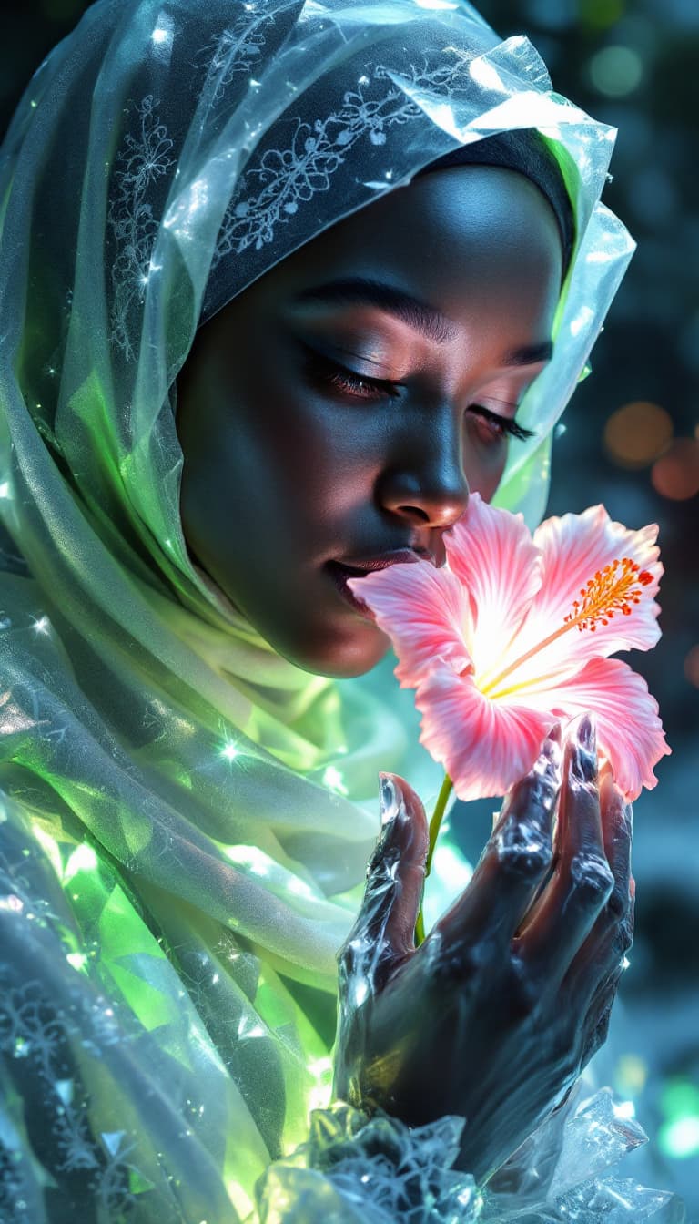 AI generated: Ultra-realistic and ultra-detailed ice sculpture of a young, beautiful African woman wearing a hijab...