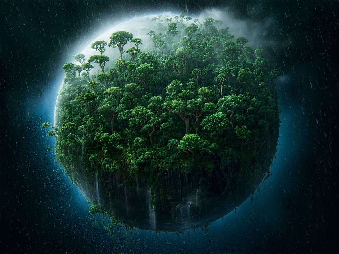 AI generated: A floating microplanet reveals a dense jungle, its surface overgrown with thick vines and towering t...