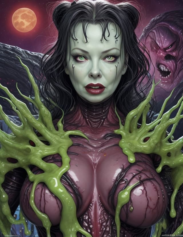 AI generated: traci lords as a horror creature from Space. terraforming. Alien Flora, large gazing eyes, close-up,...