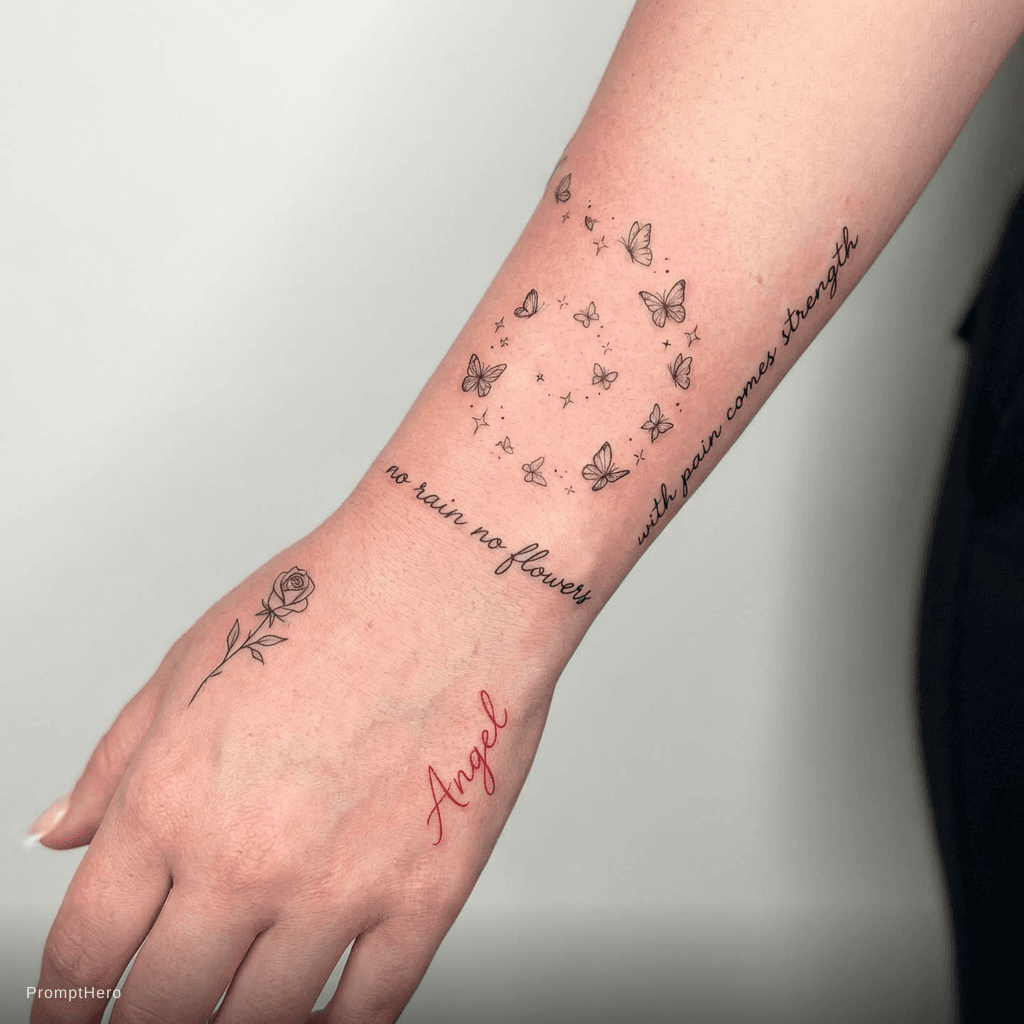 AI generated: A delicate hand and forearm tattoo design, featuring the word "Angel" in red cursive on the back of ...