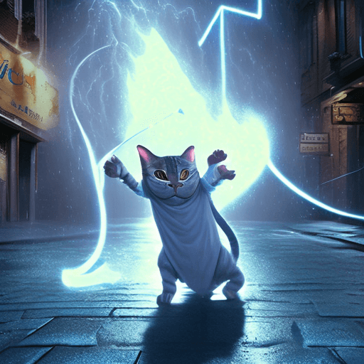AI generated: an anthropomorphic cat wearing white linen is depicted in an action pose, swirling water with an arr...