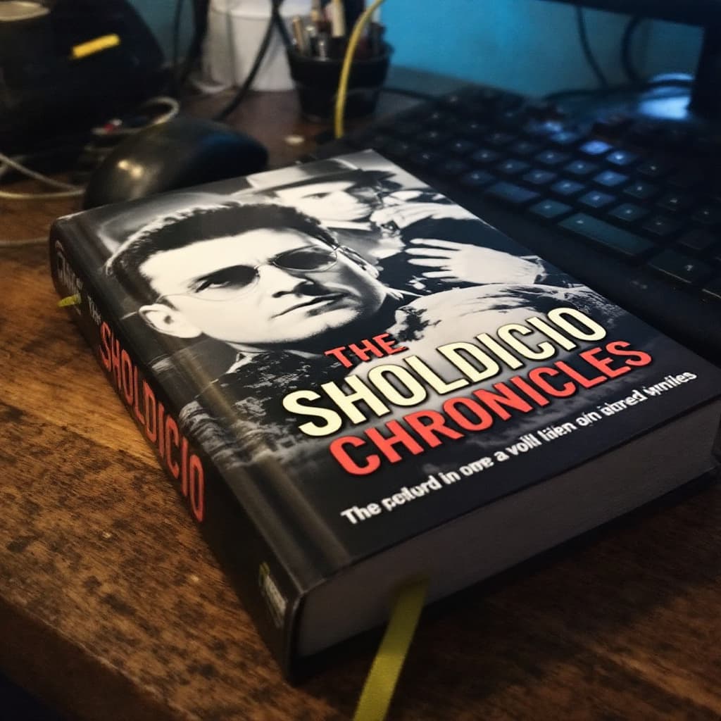 AI generated: A book on a desk with a film noir image on the cover. The name on the cover is "The Sholdicio Chroni...