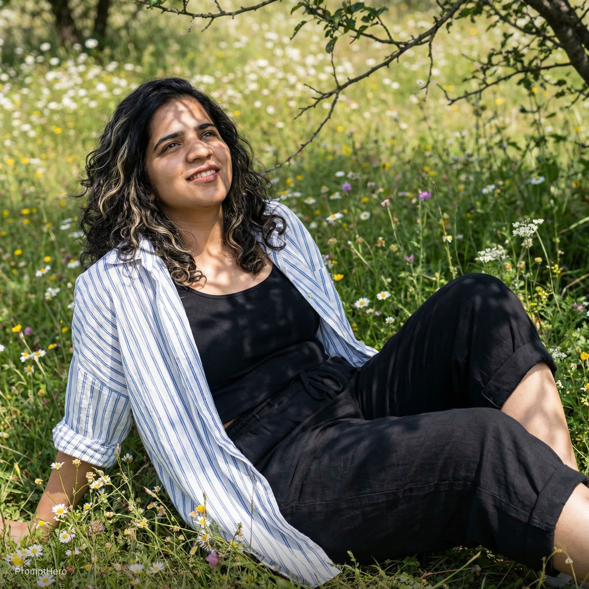 AI generated: A fit woman is lying on the grass in a field of wildflowers. She is wearing an oversized, loose-fitt...