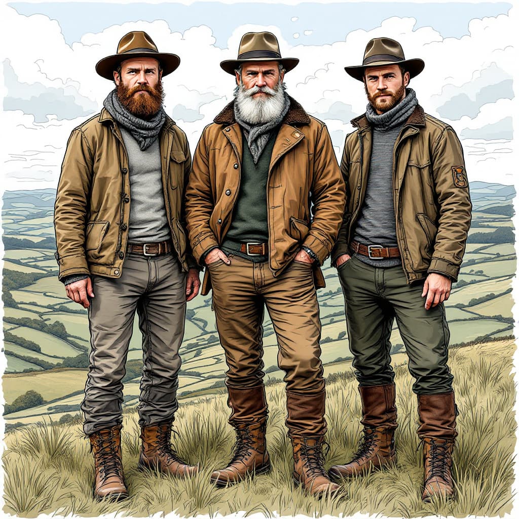 AI generated: line drawing 
of three modern Irish celt Men.  Middle position is Jack Mackle on either sides are hi...