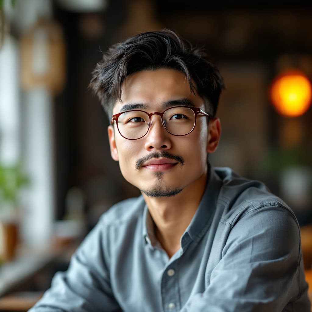 AI generated: realitic ultra photo of a handsome Asian man wearing prescription eyeglasess, smart looking, detaile...