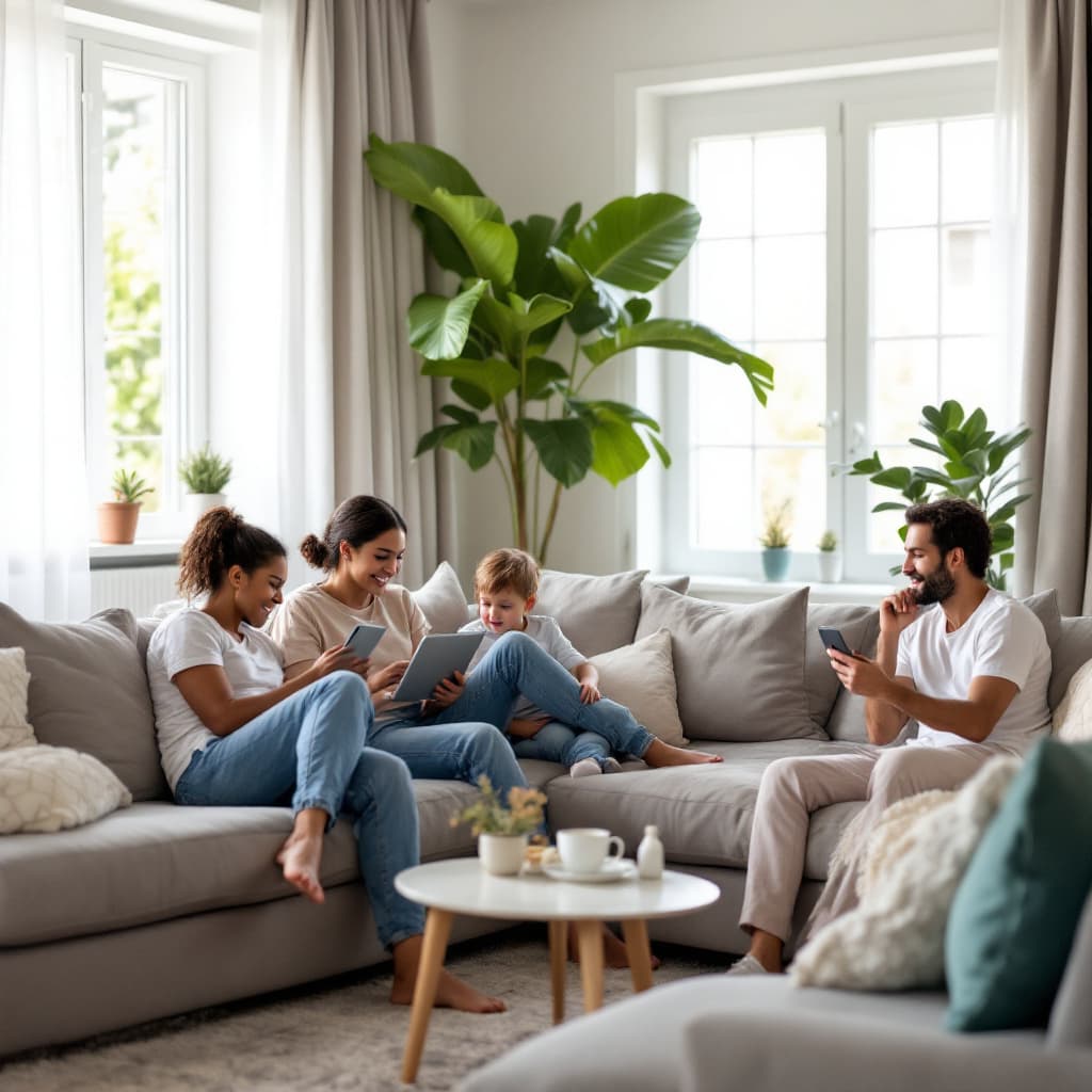 AI generated: Latin family sitting in their living room with devices